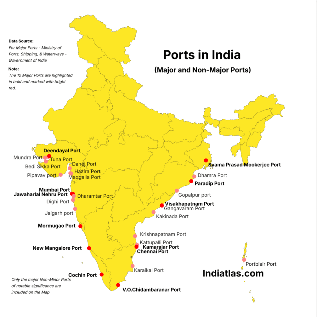 Ports in India - Major Ports in India Map along with Non Major ones.