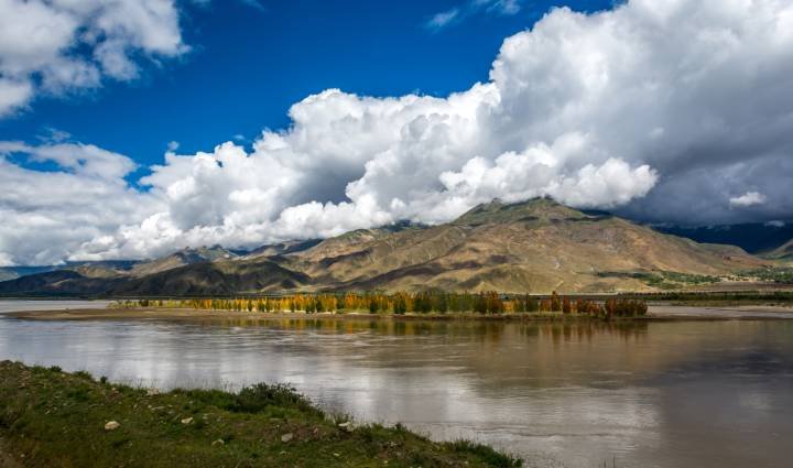 A View of Brahmaputra River flowing through Tibet landscape